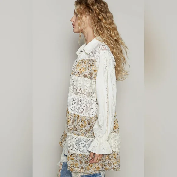 🌞#498 POL Balloon Sleeve Floral Print Lace Patch Shirt - Picture 3 of 5